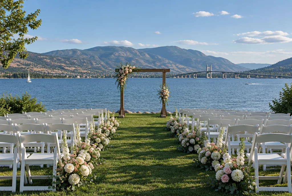 White ceremony chairs on a lakeside lawn in Kelowna facing Okanagan Lake
