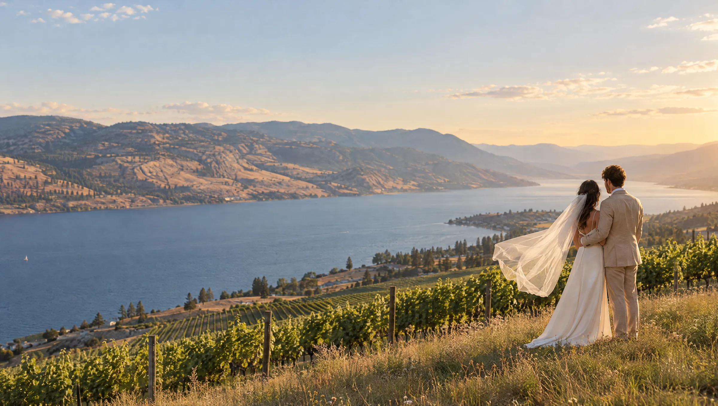 A bride and groom on a vineyard hillside looking out over Okanagan Lake at golden hour