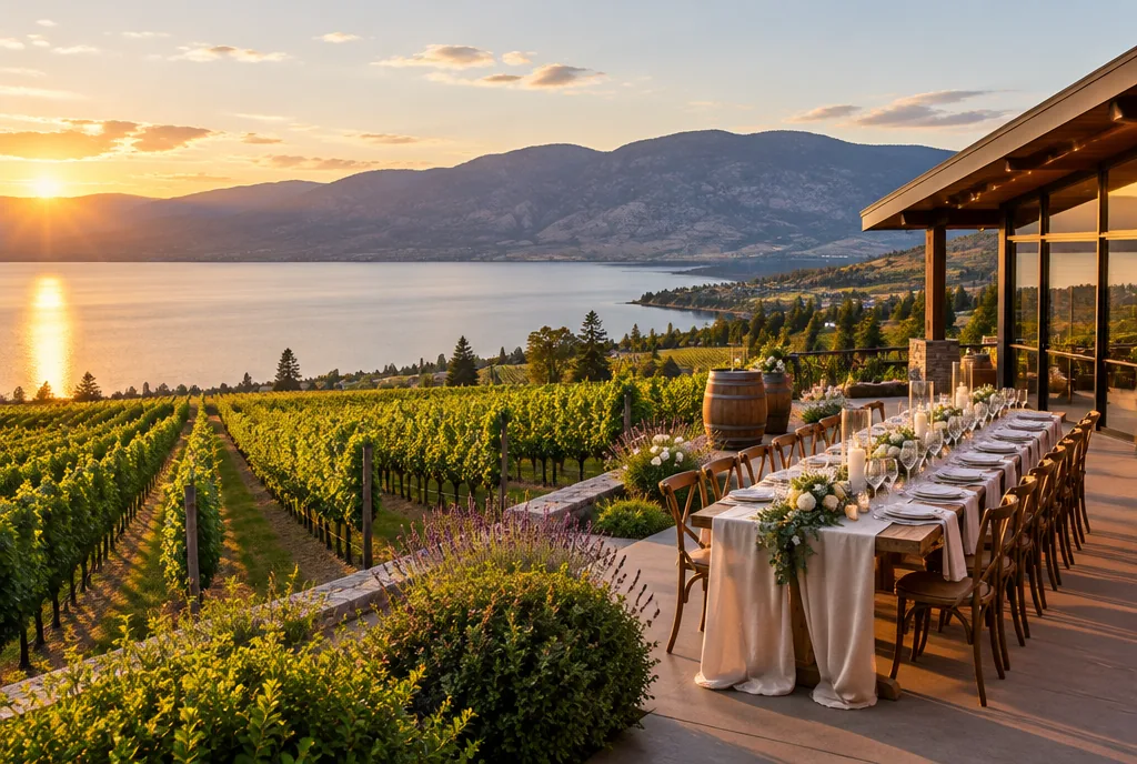 A winery patio set for a wedding dinner above the Naramata Bench vineyards