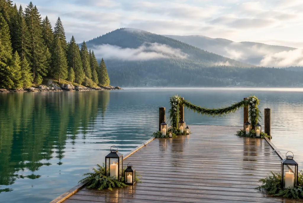 A wooden dock dressed with lanterns and greenery on a misty Shuswap Lake morning