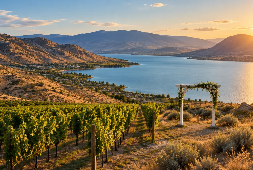 Vineyard rows above Osoyoos Lake with a ceremony arch at golden hour