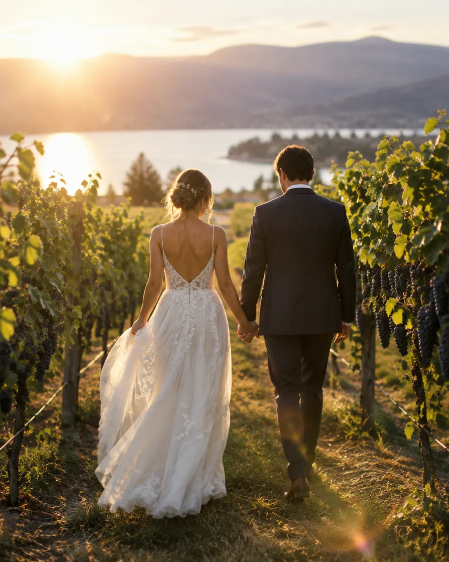 A bride and groom walking hand in hand down a vineyard row at sunset